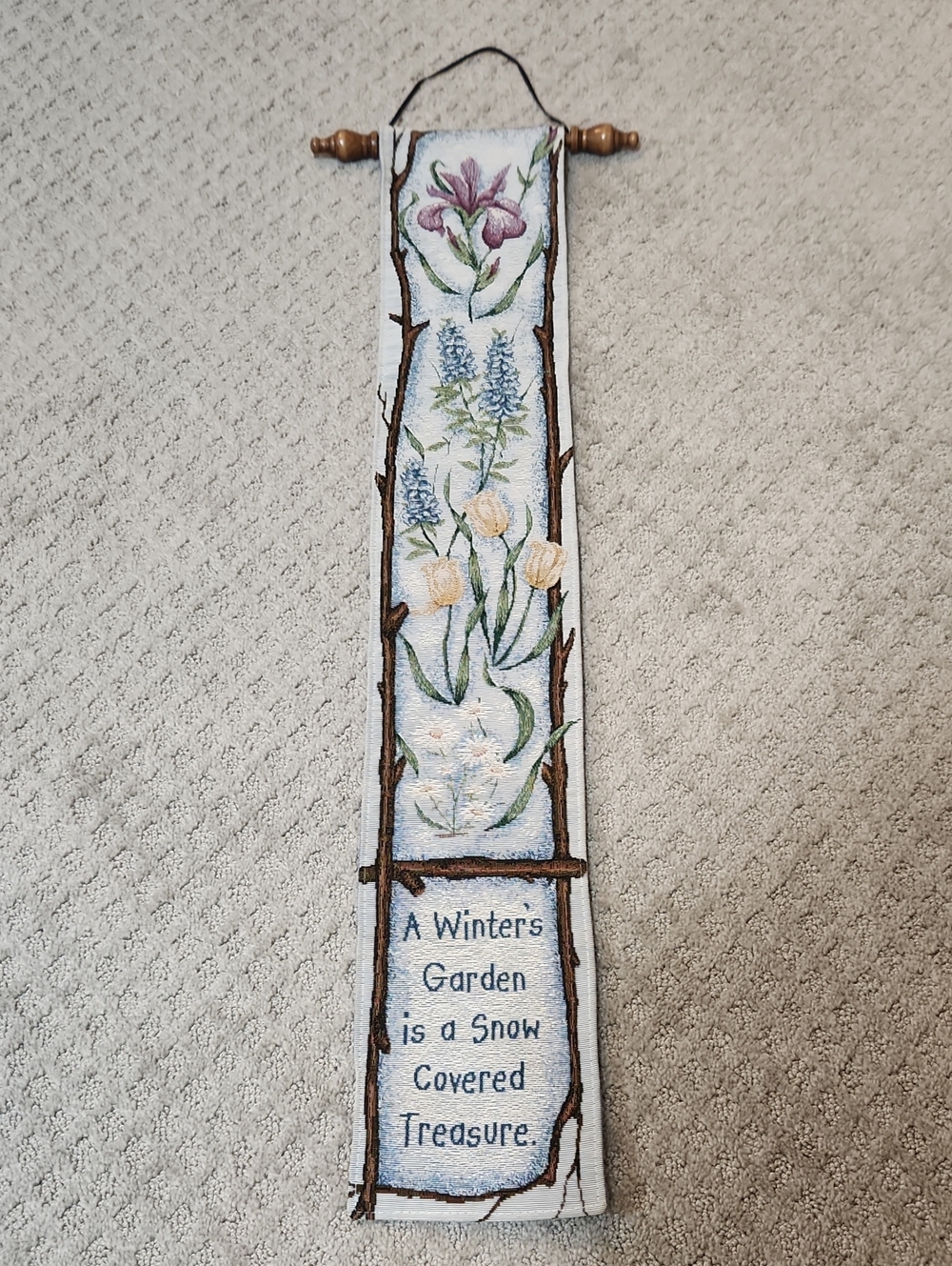 Floral Winter Garden Tapestry Wall Hanging - Blue and Cream Flowers
